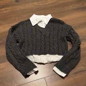 Anthropologie Pilcro Cropped Cable Knit Sweater XXS Gray Layered Collar Preppy